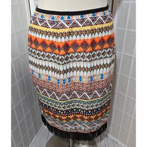 Ashley Stewart Women Career Aztec Print Pencil Trim Fringe Skirt Plus Size: 16